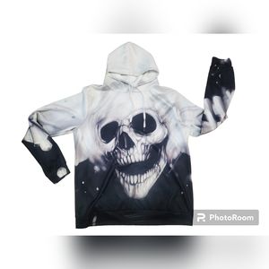 Pre-owned Men's Size 2XL Skull Design Hoodie White And Black With Kangaroo Pouch